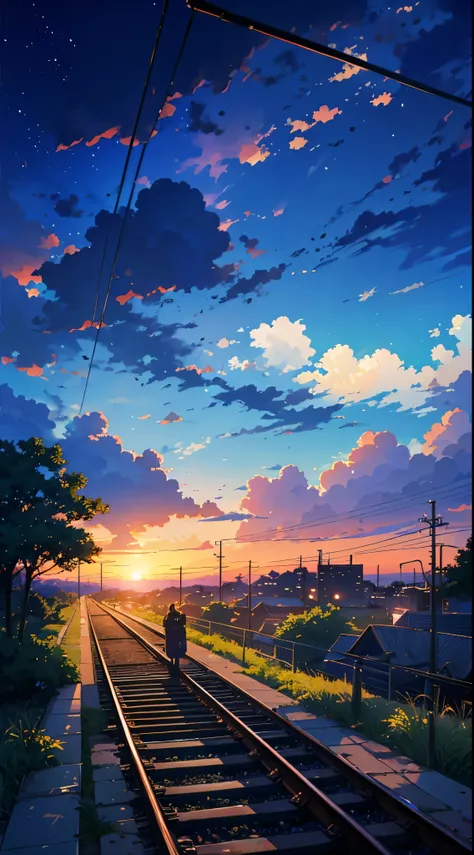 a train track with a sunset in the background, anime. by makoto shinkai, cosmic skies. by makoto shinkai, makoto shinkai art style, makoto shinkai and (cain kuga), by makoto shinkai, by Makoto Shinkai, anime scenery, style of makoto shinkai, anime landscap...