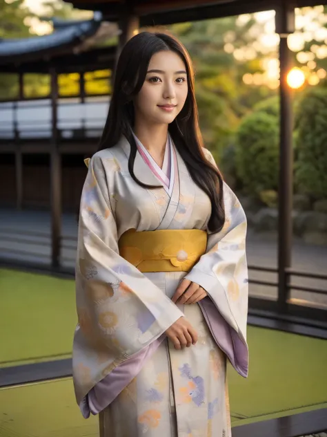 Front view , ((Full-body, standing on garden), a Japanese ancient girl, looking at viewer, beautiful Japanese Young General, girl is 20 years old, (Highly detailed face, Black hair ,Brown eye, Variegated eyes, Fuller lips, little Lips, little smile), (midd...