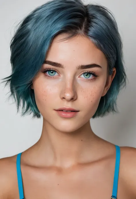 woman 20 years old nordic ethnicity, short blue hair with a perfect face and light freckles, blue-green eyes