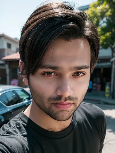 A beautiful young bearded man with highly detailed skin.black hair.happy emotion