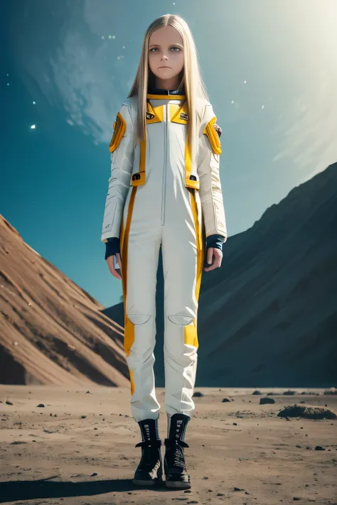 (young girl, 12 years old, blond hair, photorealistic, pale skin), (yellow (eyes:1.2)), (slim build:1.3), (fantasy space suit), ...