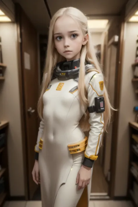 (young girl, 12 years old, blond hair, photorealistic, pale skin), (yellow (eyes:1.2)), (slim build:1.3), (fantasy space suit), ...