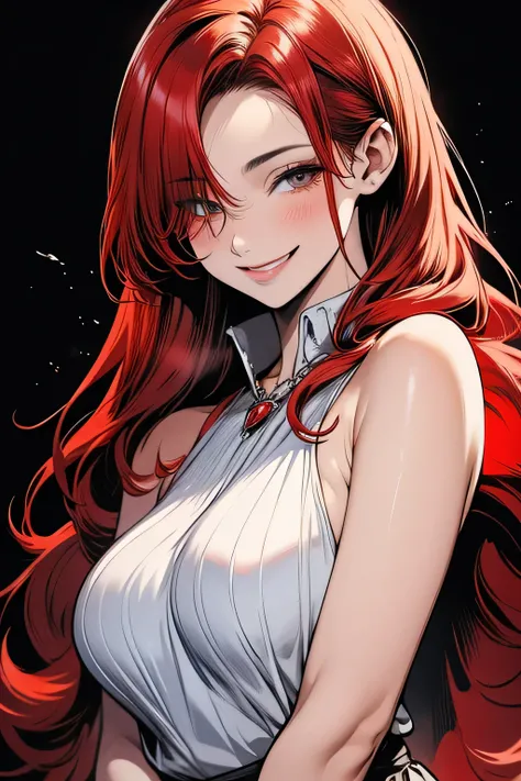  looking forward and smiling, Red hair, breasts big, face detailed, ​masterpiece, realistic hd eyes, detailedeyes