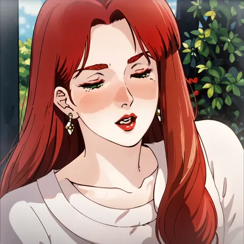 masterpiece,highres,high quality,christinamackenzie,1girl, earrings, close-up, (red eyeshadow: 1.2), partially closed eyes, collarbone, open mouth(1.1), pucker, horny, (red lips:1.1), (face blush:1.1), (pale skin:1.2), (long hair:1.2),parted bangs,red hair...