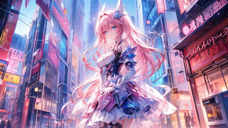 an anime girl, beautiful, pink hair, blue eyes, ojos beautifuls y definidos, modern pink dress, in the background of the city, beautiful, very detailed graphics, modern style art
