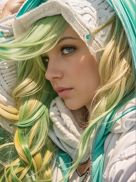 an ultra hot gorgeous European woman.age 23. Large breast. Cleavage., solo, solo focus, cowboy shot, portrait, oversized hoodie, aqua green and white hoodie, half aqua, half green, ((brown hair)), (yellow hair), (gradient hair :1.5), curly hair, ((pink eye...