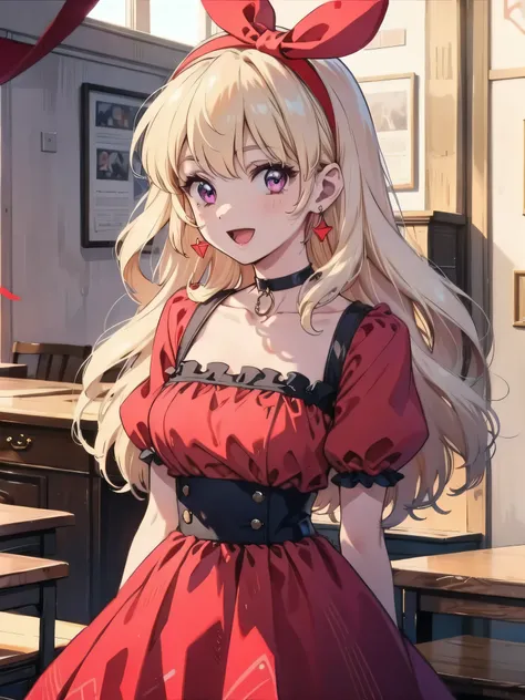 (RED Ribbon on HAIRband:1.2),1girl,solo,gloves,white gloves,white hair,long hair,choker,earrings,open mouth,v,jewelry,dress,purple eyes,smile,looking at viewer,retro artstyle,red dress,breasts,braid,upper body,score_9,score_8_up,score_7_up,