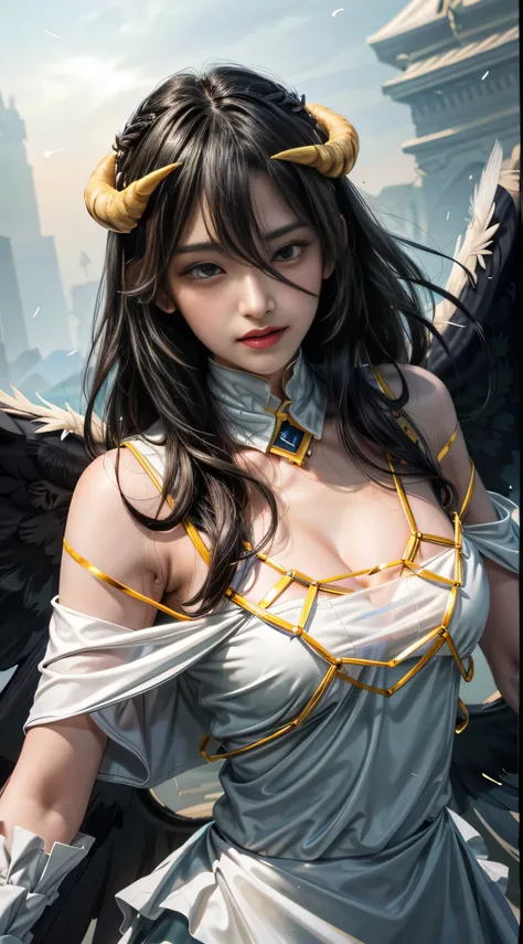 Masterpiece, Best quality, Ultra-detailed, illustration, epic lighting, Cinematic composition, isometry,(hexagons:1.2), 1girll, Horns, Solo, Yellow eyes, Black hair, Long hair, (Low wing:1.2), Large cleavage, Bare shoulders, hair between eye, Medium breast...