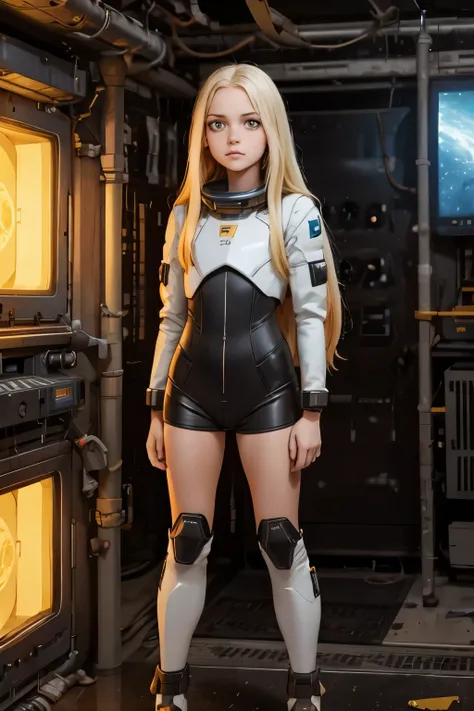 (young girl, 12 years old, blond hair, photorealistic, pale skin), (yellow (eyes:1.2)), (slim build:1.3), (fantasy space suit), ...