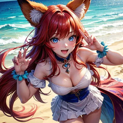 A cute 21-year-old fox girl with blue eyes, long red hair, fox ears, and a fox tail. She is cheerful, very kind, friendly, and happy—more than happy. She is making a heart pose with both hands at a beautiful beach, wearing a very colorful and extravagant d...