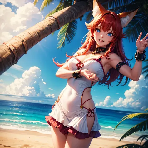 A cute 21-year-old fox girl with blue eyes, long red hair, fox ears, and a fox tail. She is cheerful, very kind, friendly, and happy—more than happy. She is making a heart pose with both hands at a beautiful beach, wearing a very colorful and extravagant d...