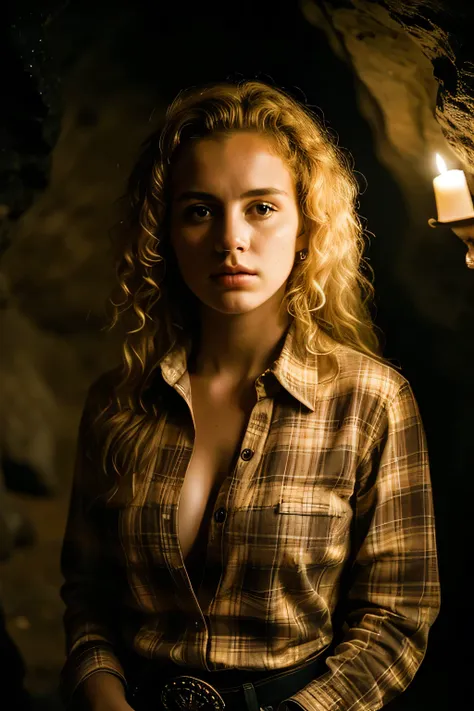 photograph of a woman, (troubled facial expression), textured skin, goosebumps, blonde afro hair, plaid button down shirt with all buttons open , cowboy shot, dark and mysterious cave with unique rock formations and hidden wonders, perfect eyes, (candlelig...