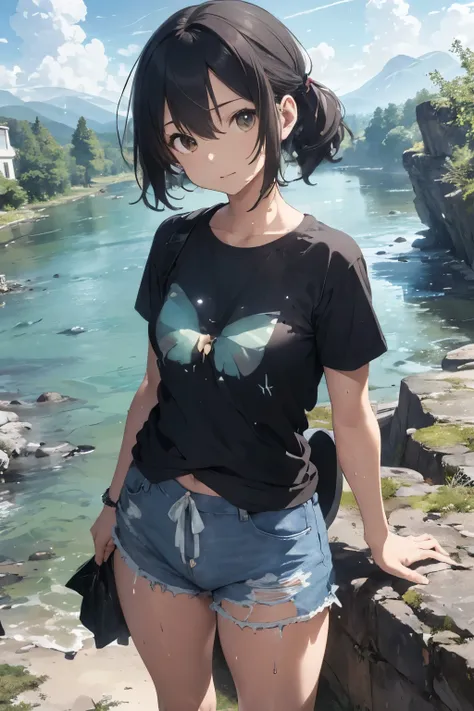 ((Top Quality)), ((Excellent)), (Details), ((Nymph)), cate, Ultra-Realistic, Stunning Environment, Bright Colors, 13 Years Old, Black Hair, (Childish Face), (Bob Hair), Upper Body, Medium Breasts, Summer, ((T-Shirt)), (Shorts), ((Nude)),harpoon,Sunburn mar...