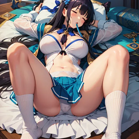 Anime style. Girl. A world of swords and sorcery. Angel. White underwear. Miniskirt. Knee-high socks. Big tits. Lying down and opening his crotch. Sleeping with mouth wide open.