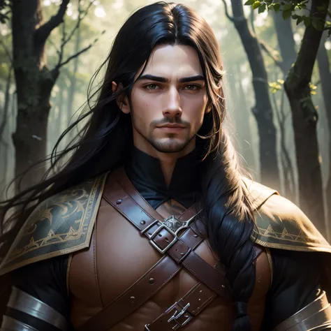 ((best qualityer)), ((work of art)), (detailded), 8k, 4K, hight contrast, work of art,  Meticulous attention to facial features and hair strands , an adventurous man with long straight black hair,barba ,black mantle,layer , fully body ,battle costume ,slig...