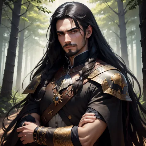 ((best qualityer)), ((work of art)), (detailded), 8k, 4K, hight contrast, work of art,  Meticulous attention to facial features and hair strands , an adventurous man with long straight black hair,barba ,black mantle,layer , fully body ,battle costume ,slig...