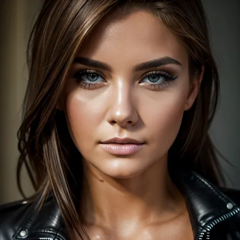 Elizabeth Upton Professional Photography, Ultra Realistic, Ultra Detailed, HD, Looking at the Camera, Makeup Up, Black Eyes, Ultra Realistic, Ultra Detailed, Ultra Realistic Face, Ultra Detailed, Black Leather Jacket,