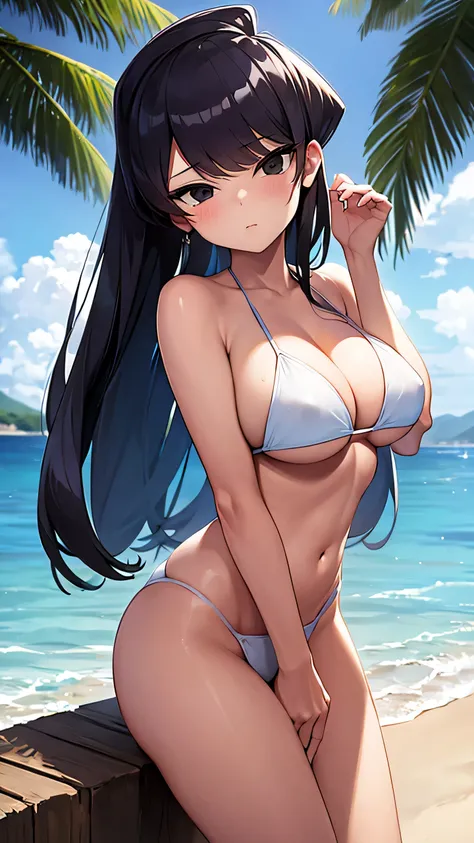 masterpiece, best quality, 1girl, solo, komi-san wa komyushou desu, komi shouko, large breasts, (white bikini:1.2), cowboy shot, beach, sand, ocean, blue sky