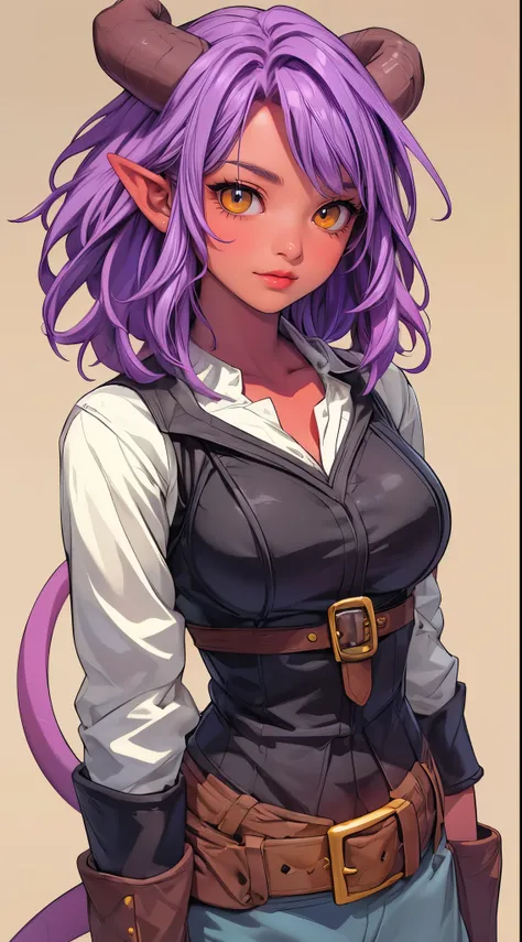 beautiful woman, (big breasts:1.3), rogue tiefling, light armor, anime illustration, photorealistic, fantasy, comic, manga, perfect body proportions with generous curves