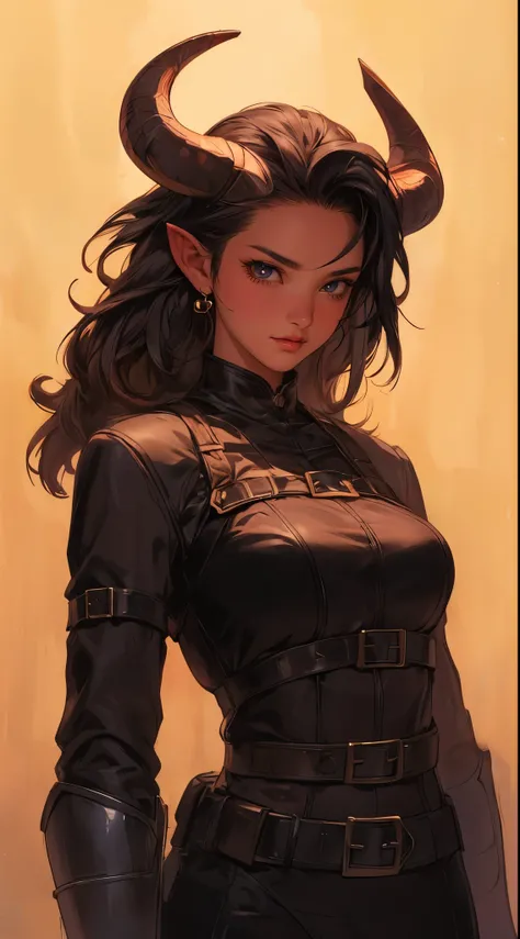 beautiful woman, (big breasts:1.3), rogue tiefling, light armor, anime illustration, photorealistic, fantasy, comic, manga, perfect body proportions with generous curves