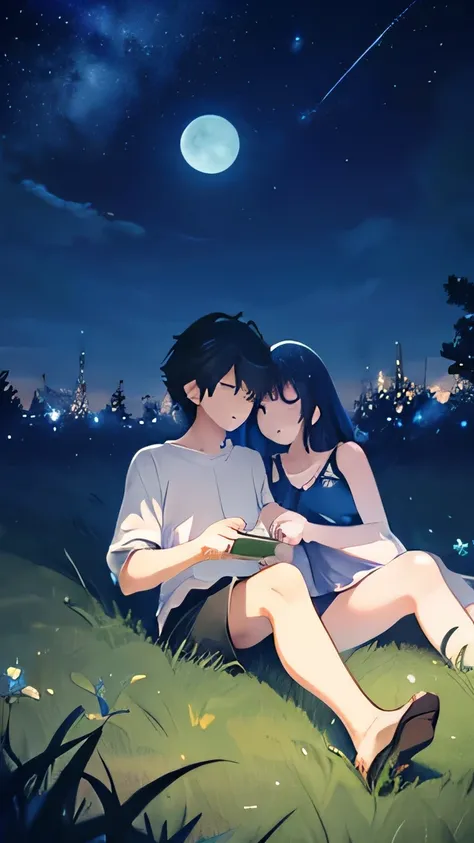 A girl and a boy lying next to each other, in the grass watching the moon and the sky full of stars, details of arms and legs, Simple color scheme, minimalist icons, Typography. . illustration, perfect composition, intricate details, Yusuke Murata and Mako...