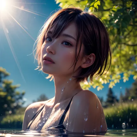 (((misako renbutsu)))beautiful young female with short hair in lake, extremely delicate and beautiful,outstanding light and shad...