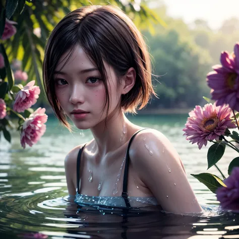 (((misako renbutsu)))beautiful young female with short hair in lake, extremely delicate and beautiful,outstanding light and shad...