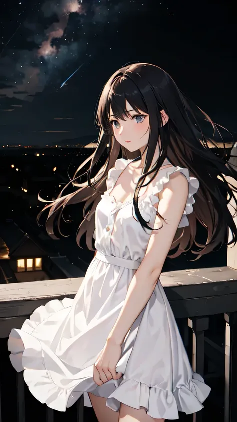 Highest quality,masterpiece,One beautiful girl,Side Lighting,milky way,Age: Around 16 years old,Long black hair fluttering in the wind,Wearing a white dress,Balcony of an old-fashioned mansion,Surrounded by starry night sky,The city lights in the distance,...