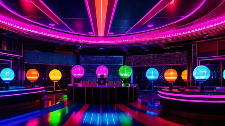 "70s nyc disco: colorful flashing lights, rotating globes, huge speakers, shiny soundboards, neon walls, vibrant and energetic e...