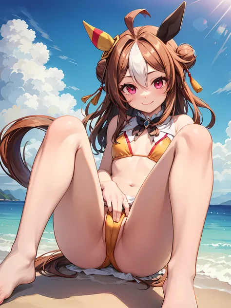 (NSFW:1.3), (realistic, photo realistic:1.2), ((highest quality)), move the center of gravity backwards, pretty embarrassing, copano rickey (umamusume), Red eyes, barefoot, Yellow bikini, (Red frill:1.2), horse tail, Sit on the beach, spread legs, knees up...