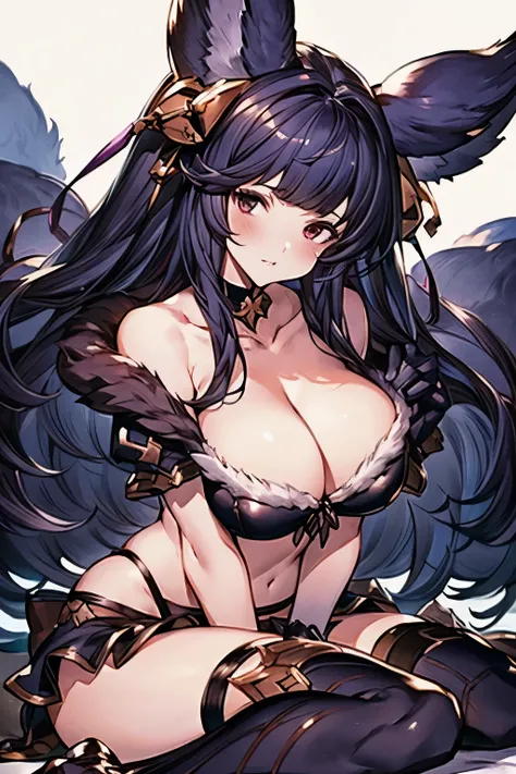 (Granblue Fantasy)),(Yuel),Knee socks, gloves, Fur trim, choker, bikini,Cleavage,Perfect breasts,erotic,Spread your legs wide,((high resolution)),((8k)),sexy,Adult women,2７age,Black Hair,Fox ears,((Vivid colors)),Perfect Human Anatomy