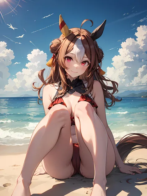 (NSFW:1.3), (realistic, photo realistic:1.2), ((highest quality)), move the center of gravity backwards, pretty embarrassing, copano rickey (umamusume), Red eyes, barefoot, Yellow bikini, (Red frill:1.2), horse tail, Sit on the beach, spread pussy, spread ...