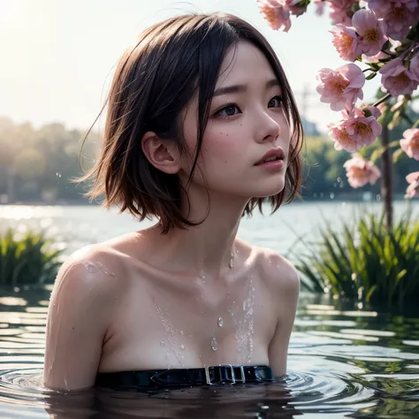 (((misako renbutsu)))beautiful young female with short hair in lake, extremely delicate and beautiful,outstanding light and shad...