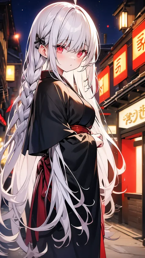 Like something from Demon Slayer、White Hair Girl、In an open kimono、The background is a night streetscape like a red-light district.