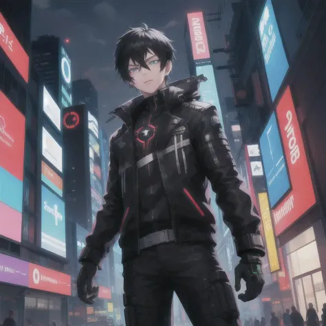 cyber punk, citys, 1 young boy, Bblack hair, eyes black, cyborg