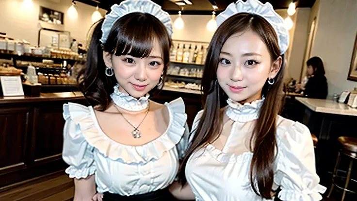 (japanese cafe、maid cafe、(three girls standing side by side)、three girls dressed as maids、17-year-old girls)、(realistic、like a p...