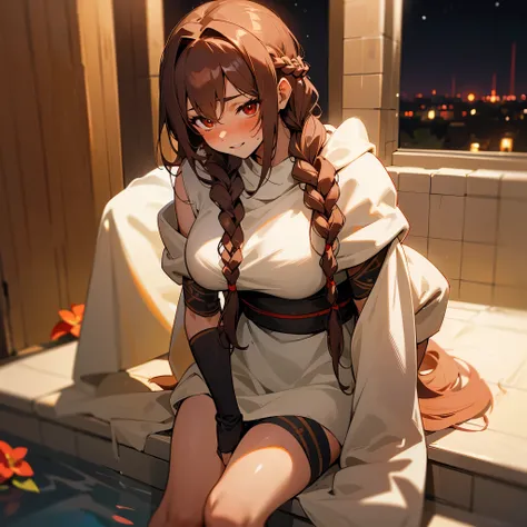 1female, sexy, young teen, finely detailed red eyes, wild long hair, braided hair, dark brown color hair, body wrapped In towel, night time, bathroom, excited expression, flowers, blushing, sitting on ground, lanturns, black armband