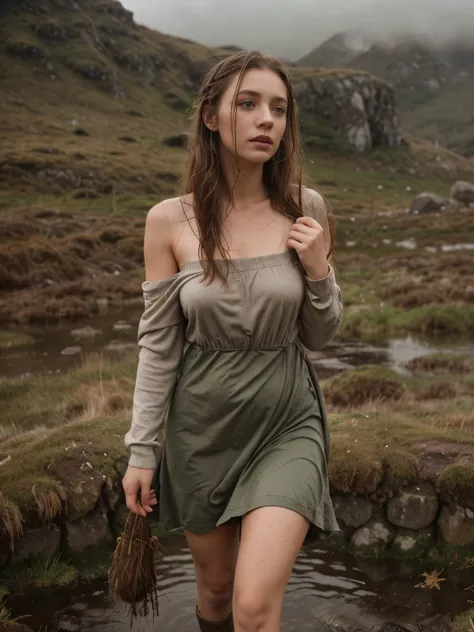 **A vivid and evocative scene featuring a beautiful 27-year-old Irish woman drenched by gentle rain, walking gracefully through the misty Connemara moor. She is dressed in dirty, torn clothes, including a long Irish dress and a sweater, with her attire soa...