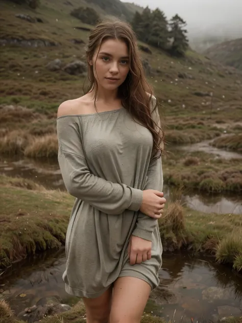 **A vivid and evocative scene featuring a happy and smiling  beautiful 27-year-old Irish woman drenched by gentle rain, walking gracefully through the misty Connemara moor. She is dressed in dirty, torn clothes, including a long Irish dress and a sweater, ...