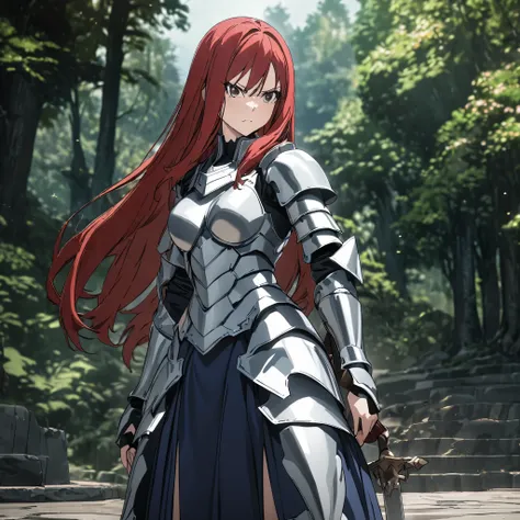 a woman wearing metal armor, navy blue skirt, metal boots, holding a sword, red hair, brown eyes, long hair, mature woman, perfe...