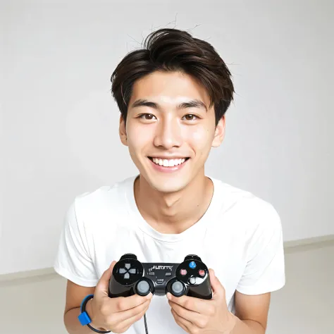 male　youth　university student　japanese　japanese　 a refreshing look　holding a game controller in hand　looking at the camera　smile...