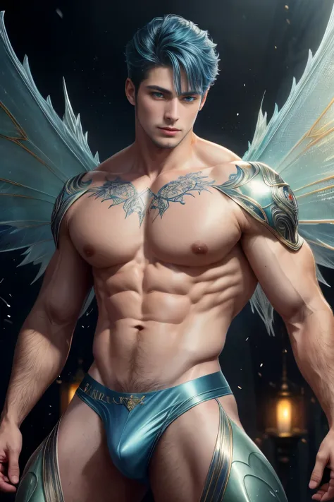 ((work of art, best qualityer, high resolution)) A handsome man with rainbow fairy wings, blue colored eyes, muscular