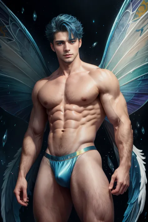 ((work of art, best qualityer, high resolution)) A handsome man with rainbow fairy wings, blue colored eyes, muscular