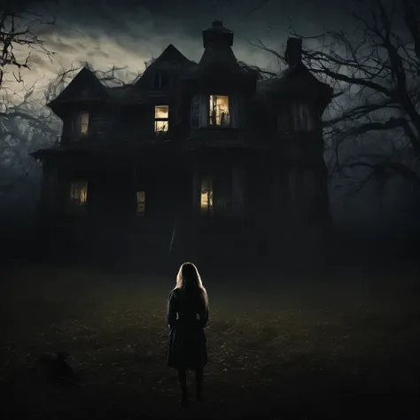 Create a horror scene featuring a frightened woman in an old, decrepit house. The woman should appear terrified, with wide eyes and a look of panic on her face. The house should be dark and eerie, with broken furniture, cobwebs, and dim lighting casting lo...