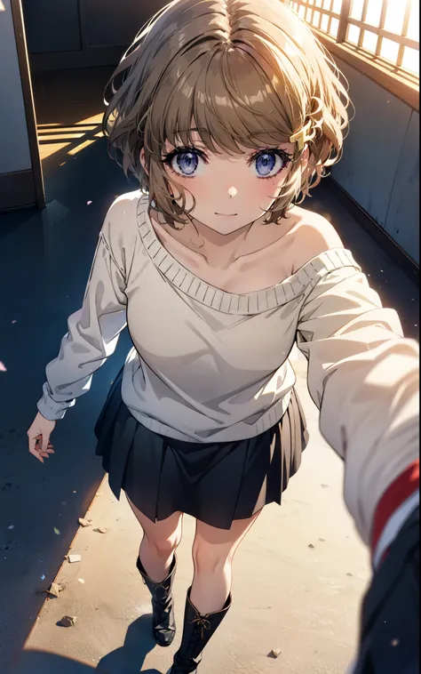 tomoekoga, chie koga, short hair, brown hair, blue eyes, hair clip,smile,one-shoulder sweater,long skirt,short boots,walking,mor...