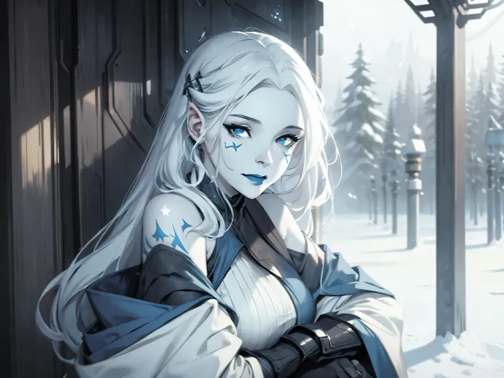 star wars, jarael, pale white skin, long white hair, ((blue lips)), sitting in snow outside, smiling, cute pose, coat off shoulder