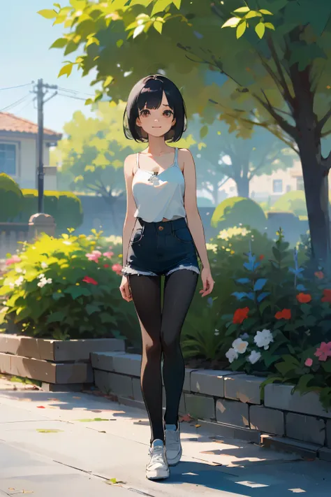 (high quality, High resolution, Very detailed, reality:1.37), Peaceful atmosphere, (Outdoor, garden), Teenage girl standing alone, (my breasts are big.), Beautiful details, Cute Smile, (Black bob hair), camisole, Denim skirt, Black tights, sneakers.