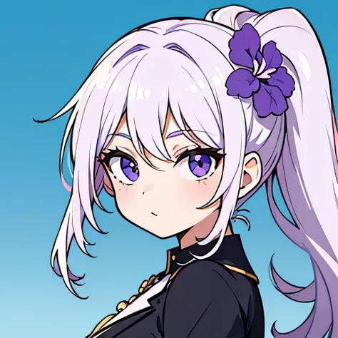 cheveux violets, style à le personnage Crunchyroll, Avec (fond blanc), de profil, super contente.￼