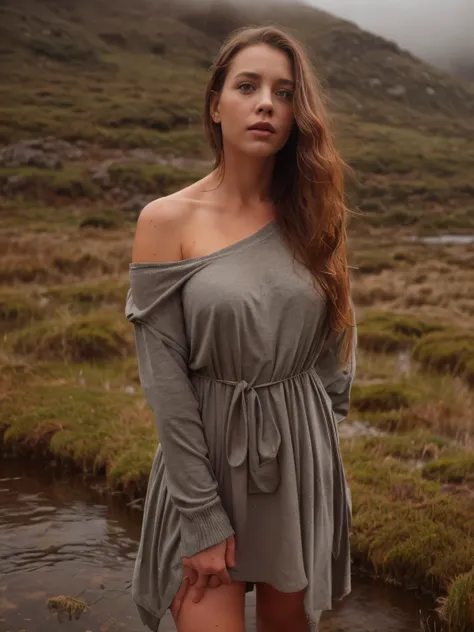 **A vivid and evocative scene featuring a beautiful 19-year-old Irish girl drenched by gentle rain, walking gracefully through the misty Connemara moor. She is dressed in dirty, torn clothes, including a long Irish dress and a sweater, with her attire soak...