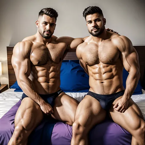 full view full body, two shirtless beerbellied over-muscular bloated white european heavyweights males  with undercut clean haircuts, in lavander sheer tights,,  overfed like gorets, posing flexing over-inflated triple-biceps,  sitting on bed in motel bedr...